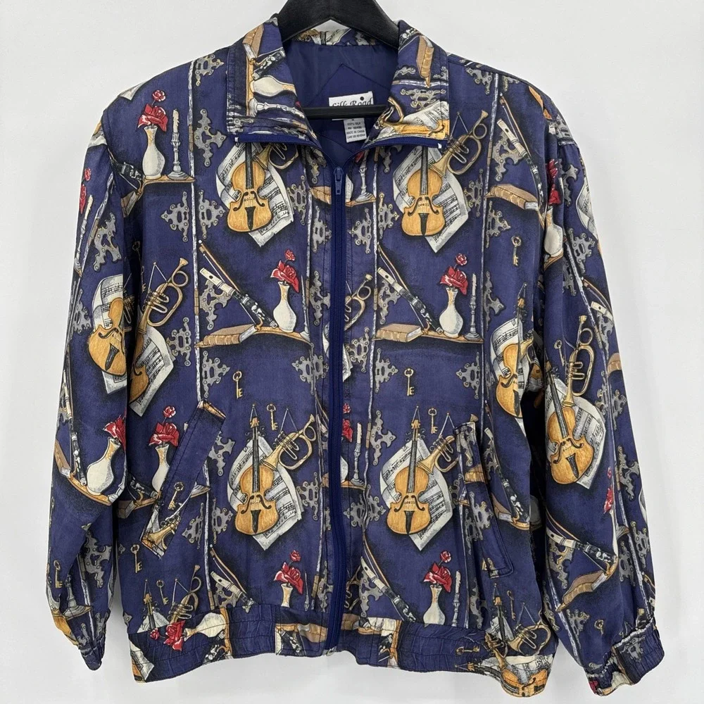 VTG Silk Road 100% Silk Track Jacket Women's M Musical Instruments Abstract  80s